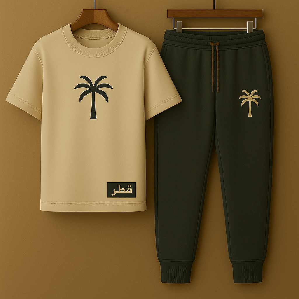 Printed T-Shirt and Pants Set Qatar Exclusive - PSPRTSQA1 - Cream Black