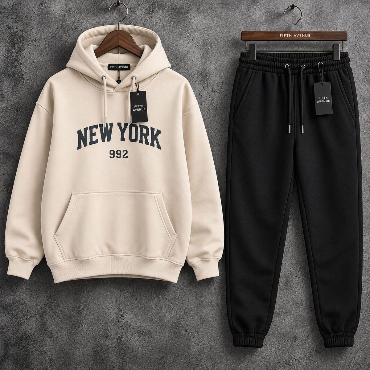 Fifth Avenue Printed Hoodie and Pants Set FAMHOOPRPS45- Cream Black