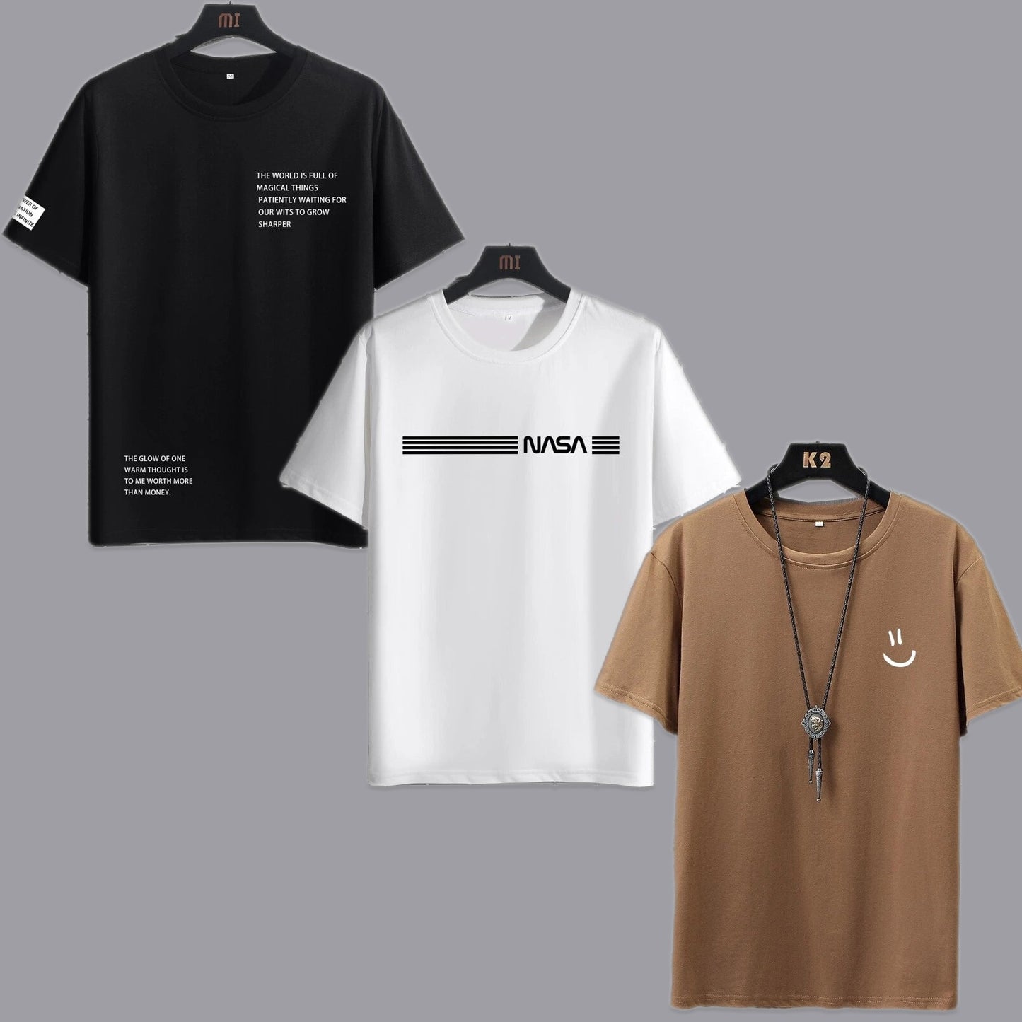 Mens 3 Plain Round Neck Printed T-Shirt Bundle M3PRTBU11