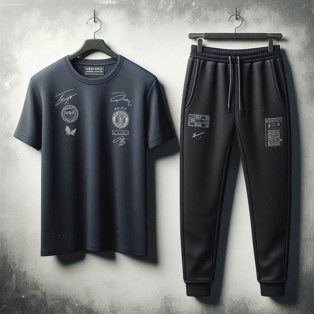 Mens Pants + T-Shirt Printed Set by Tee Tall - TTMPTZS45 - Navy Blue Black