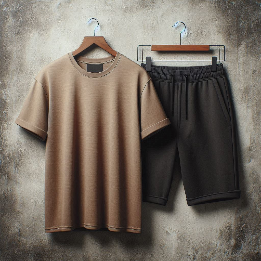 Mens Summer Shorts + T-Shirt Set - TTMLTSH1 - Light Brown Black
