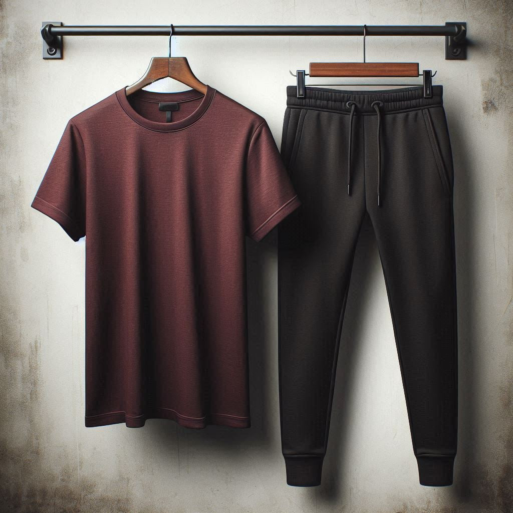 Mens Summer Pants + T-Shirt Set - TTMLTJP1 - Maroon Black
