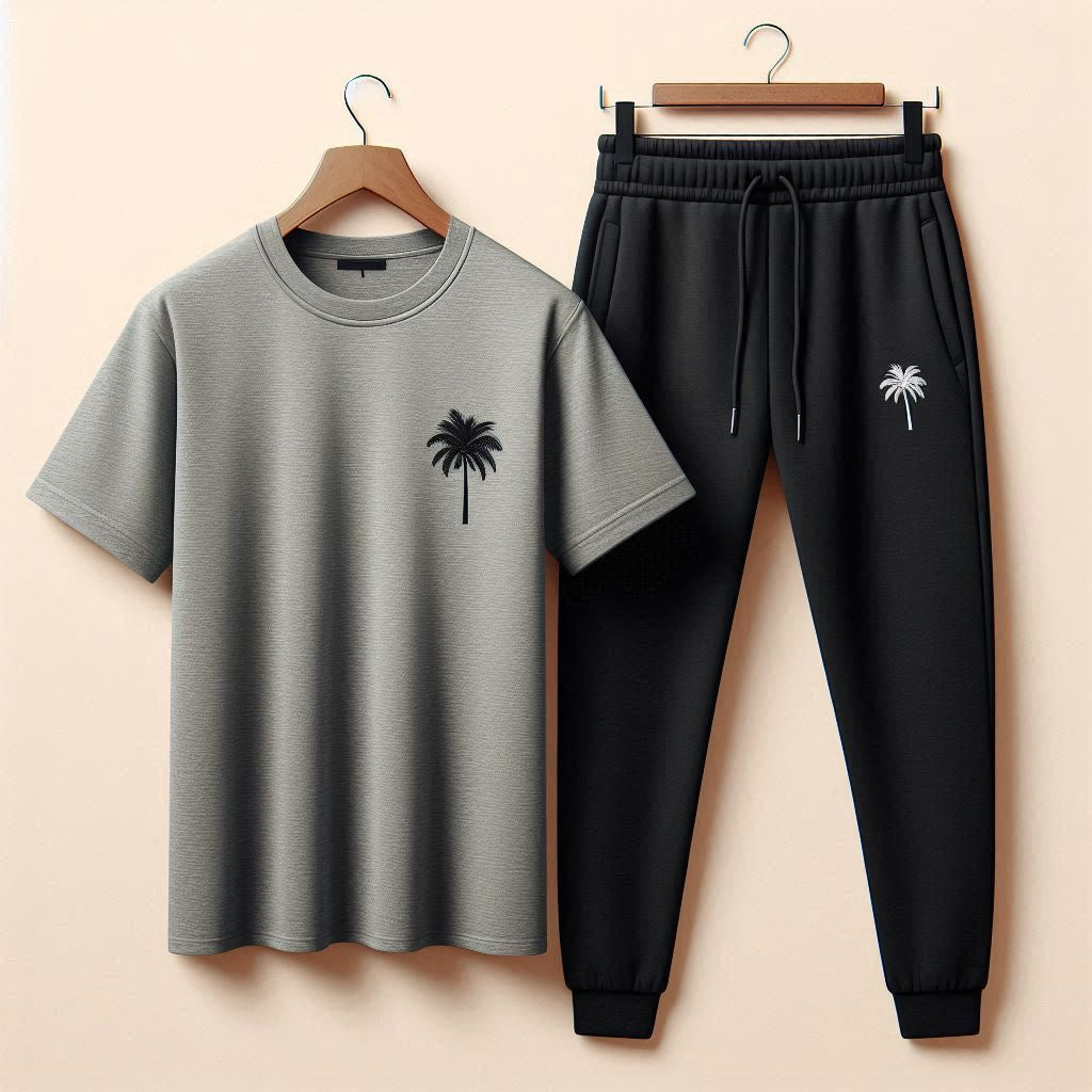 Printed T-Shirt and Pants Set - PSPRTSPA21 - Grey Black