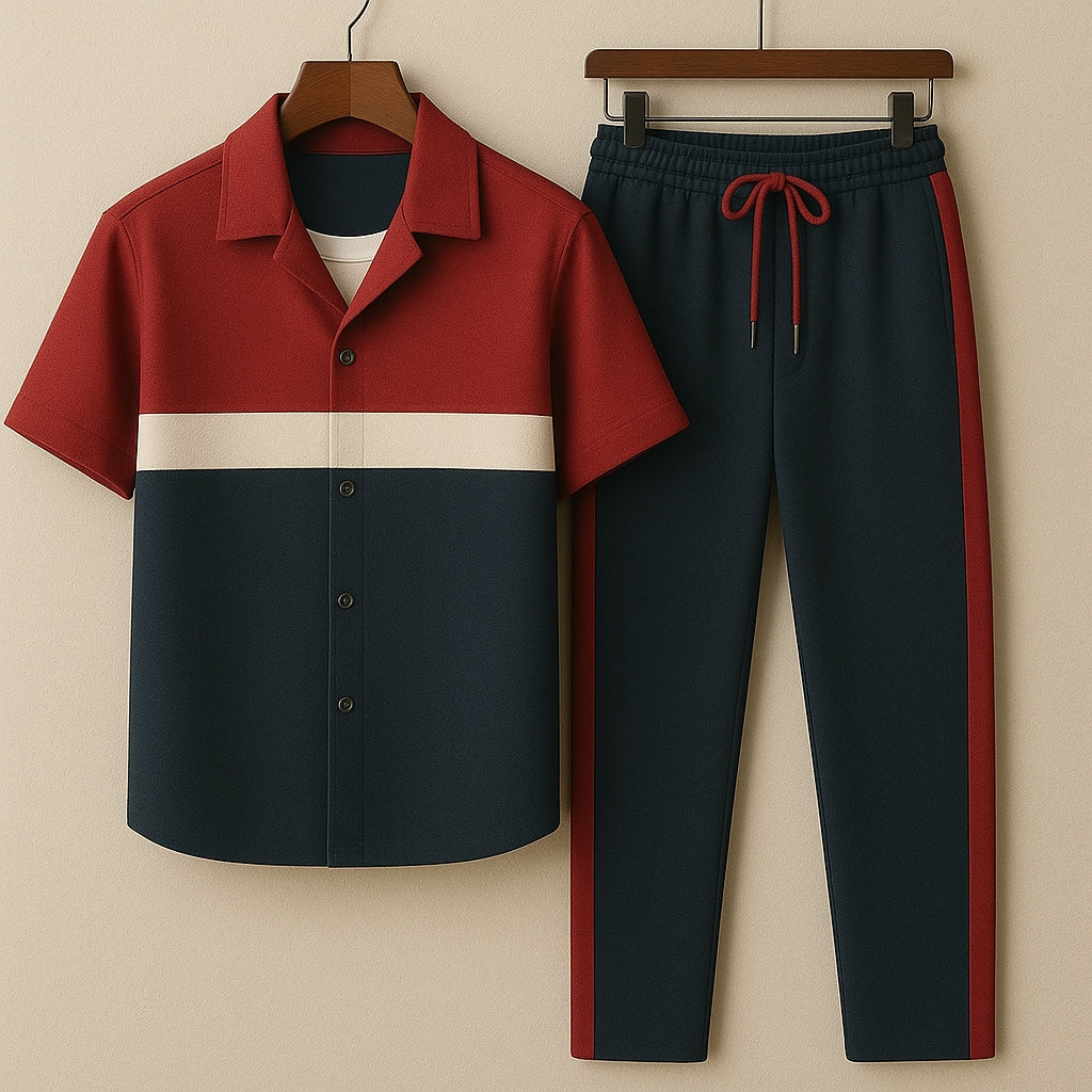 Mens Viscose Pants + Shirt Set - TTVMS26 - Maroon Navy Blue