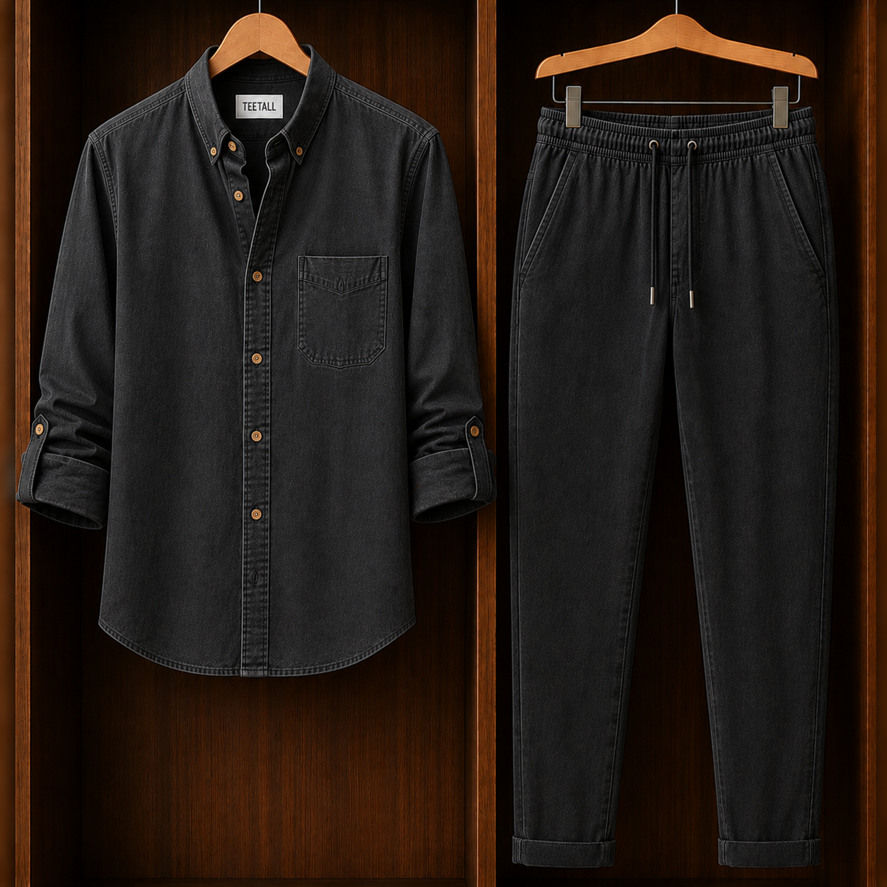 Mens Button Up Summer Cotton Full Sleeve Shirt and Pants Set TTMSPTS176 - Black