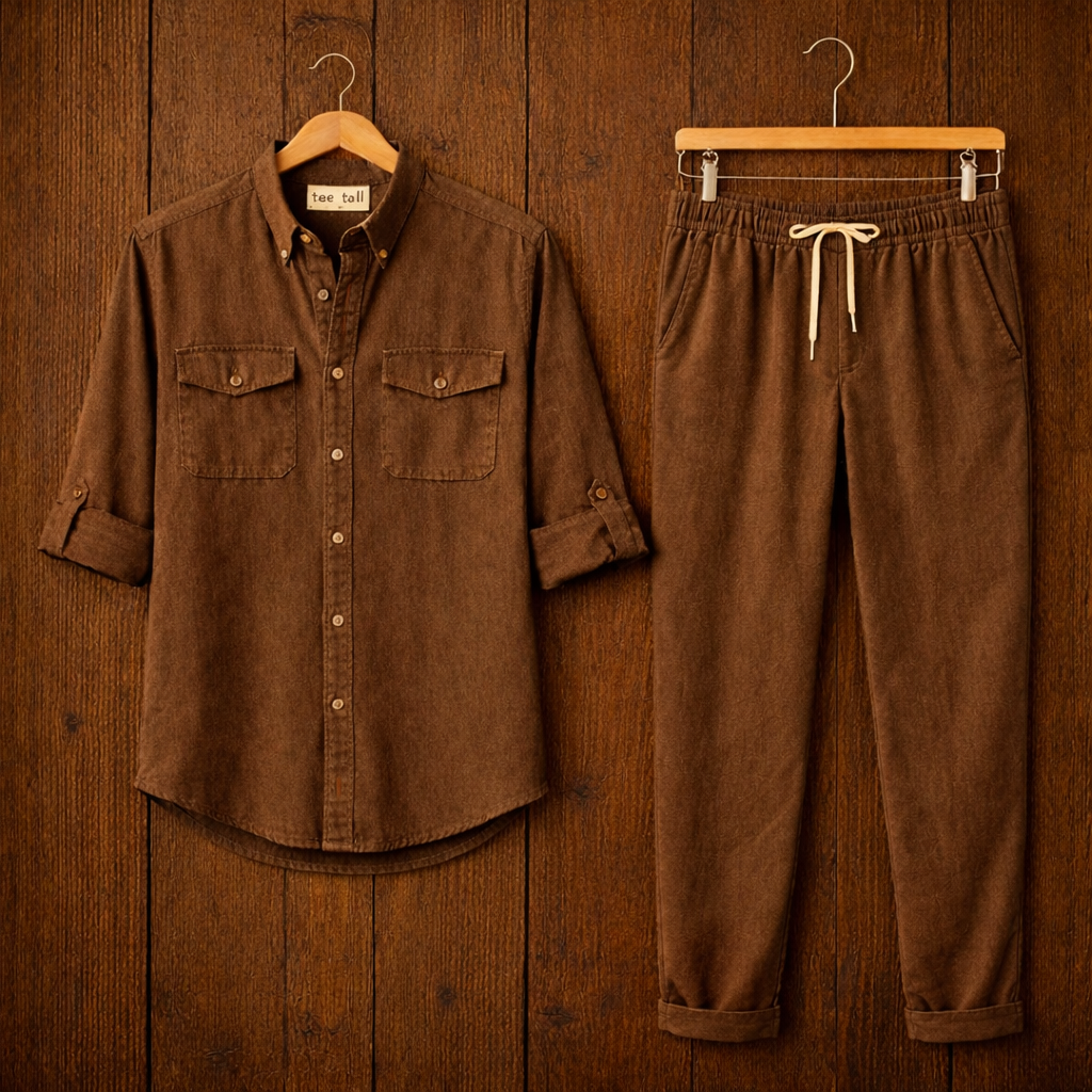 Mens Button Up Cotton Full Sleeve Shirt and Pants Set TTMSPTS121 - Brown