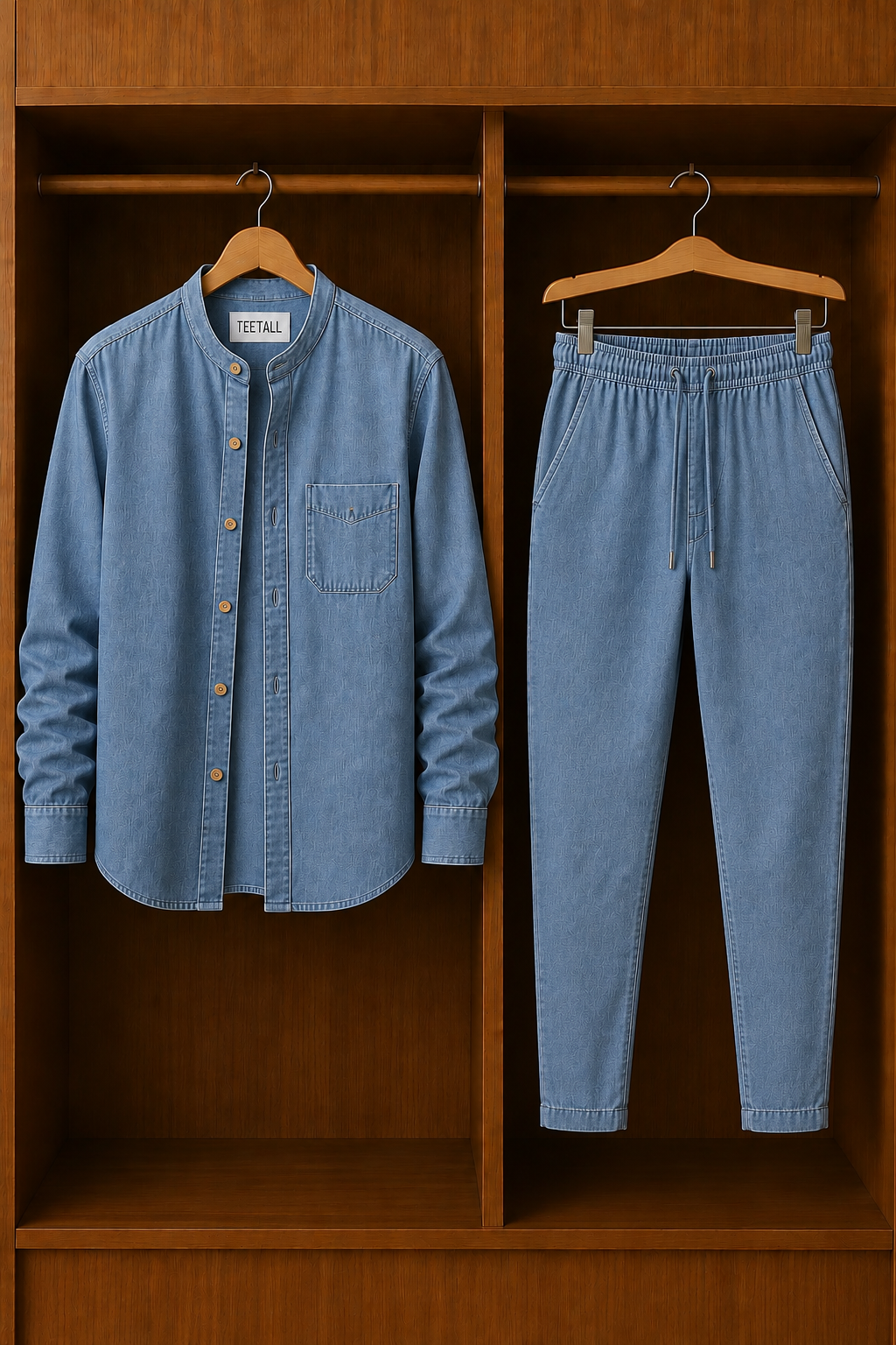 Mens Button Up Summer Chambray Cotton Full Sleeve Shirt and Pants Set TTMSPTS173 - Blue