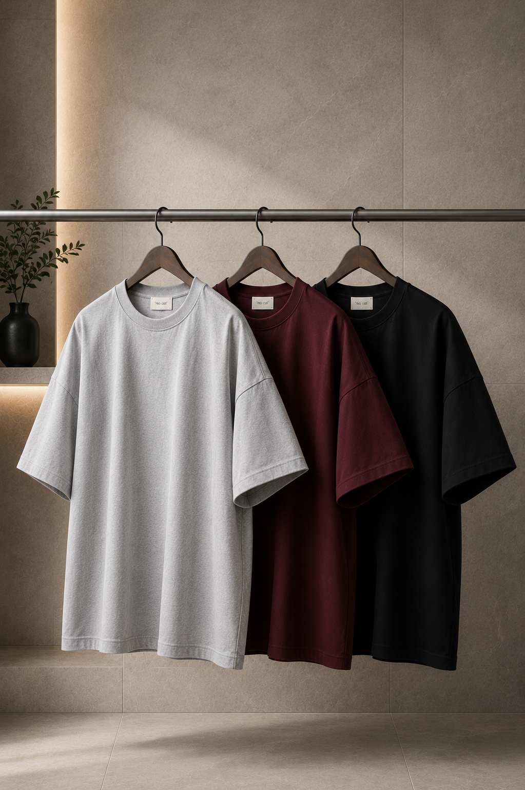 Mens 3 Plain Round Neck Oversized Drop Shoulder T-Shirt Bundle FAMTSB32 - Grey Maroon Black