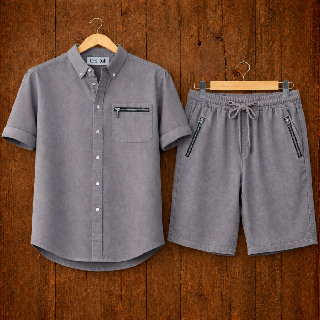 Mens Button Up Cotton Full Sleeve Shirt and Shorts Set TTMSPTS108 - Grey
