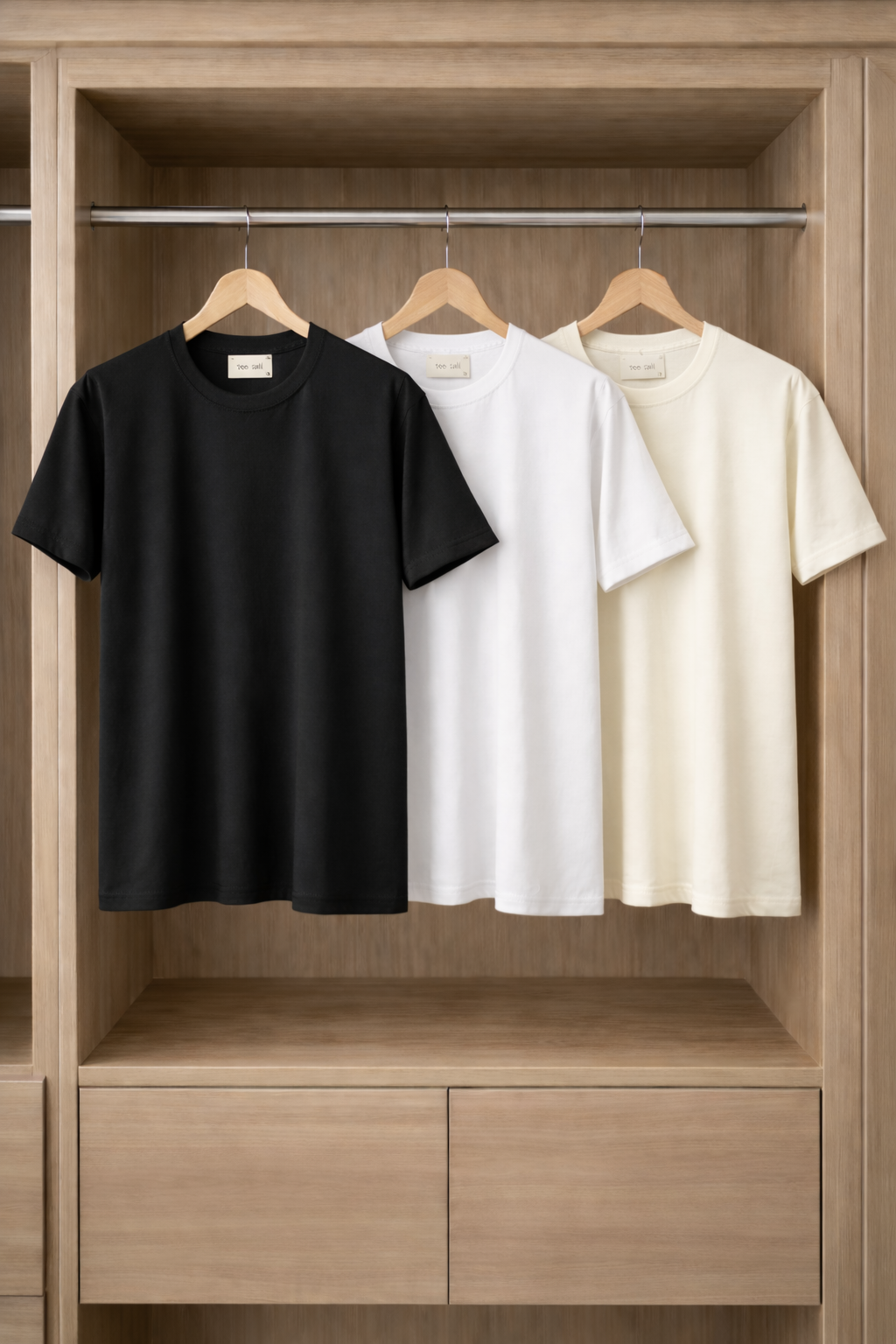 Mens 3 Plain Round Neck T-Shirt Bundle FAMTSB22 - Cream Black White