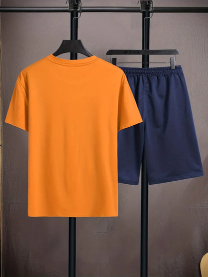 Mens Summer Shorts + T-Shirt Set - TTMSS161 - Orange Navy Blue