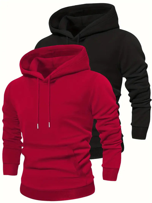 Mens 2 Plain Kangaroo Hoodie Bundle TTP2KH1 - Black Red