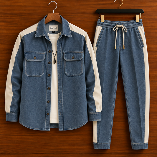 Mens Button Up Chambray Denim Cotton Full Sleeve Shirt and Pants Set TTMSPTS250 - Blue