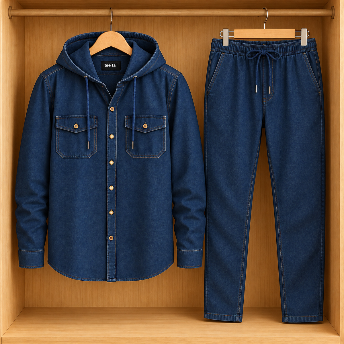 Mens Button Up Chambray Denim Cotton Full Sleeve Shirt and Pants Set TTMSPTS251 - Blue