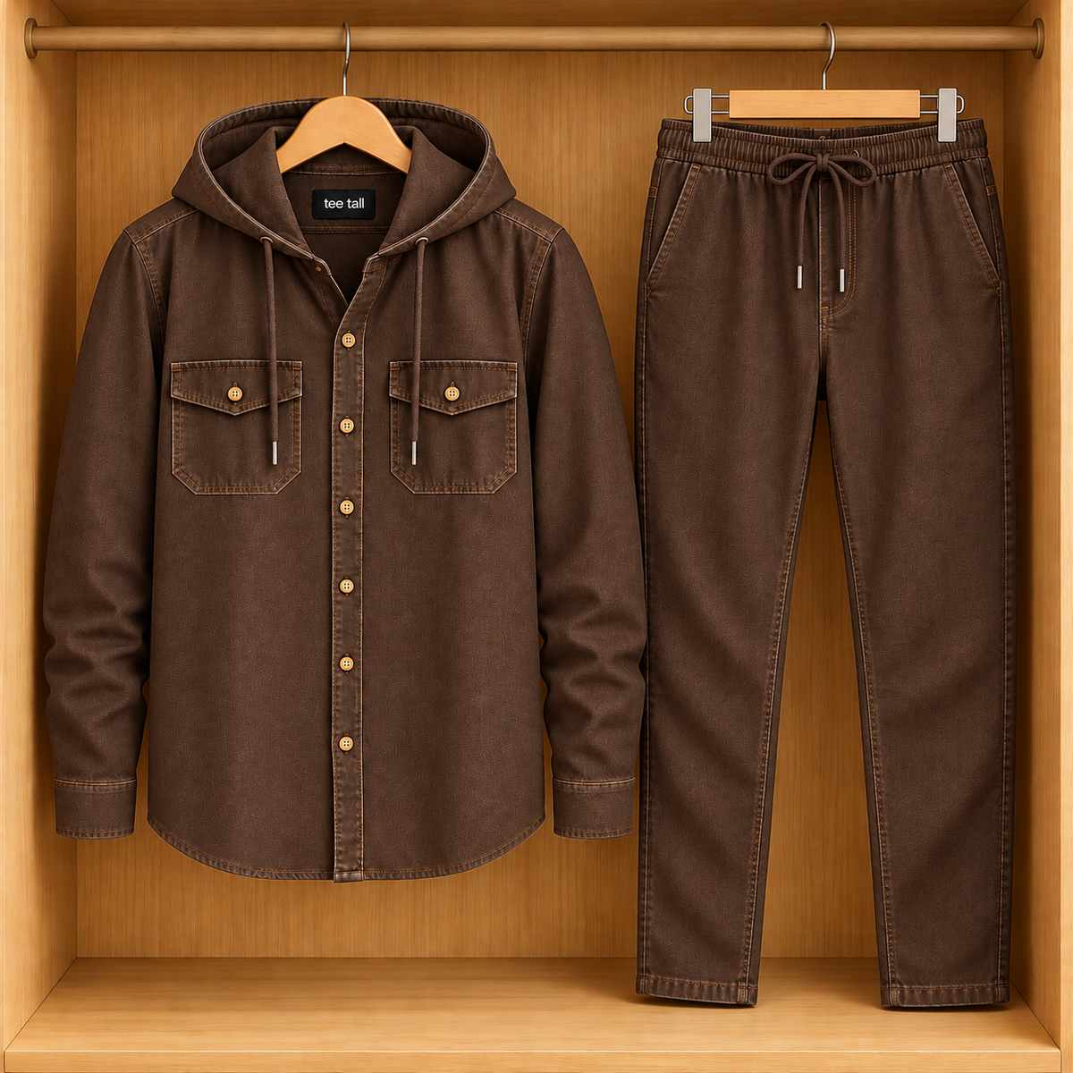 Mens Button Up Cotton Full Sleeve Shirt and Pants Set TTMSPTS252 - Brown