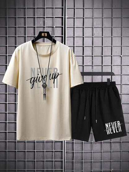 Mens Summer Shorts + T-Shirt Set - TTMSS99 - Cream Black