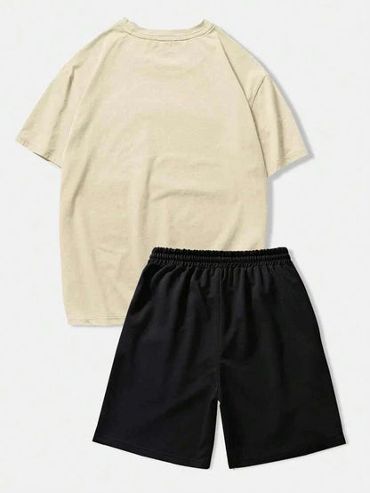 Mens Summer Shorts + T-Shirt Set - TTMSS102 - Cream Black