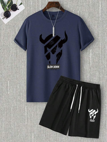 Mens Summer Shorts + T-Shirt Set - TTMSS105 - Navy Blue Black