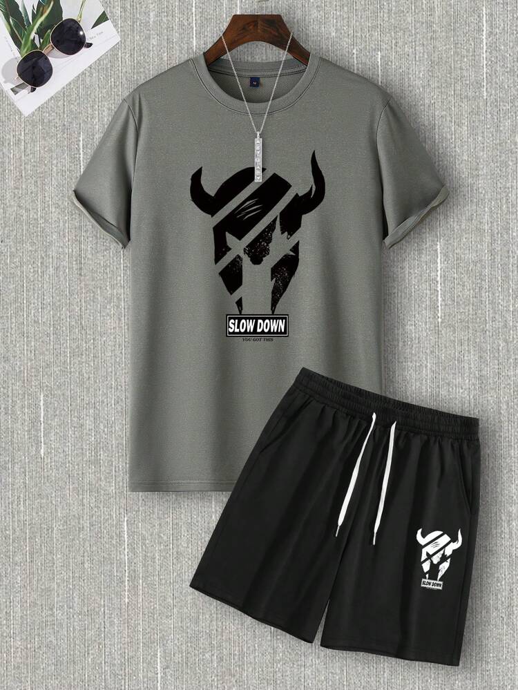 Mens Summer Shorts + T-Shirt Set - TTMSS105 - Charcoal Black