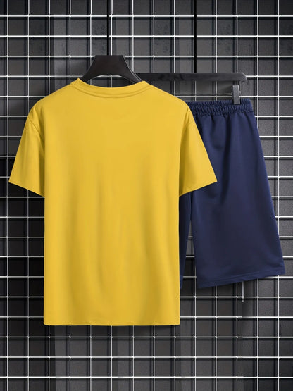 Mens Summer Shorts + T-Shirt Set - TTMSS10 - Yellow Navy Blue