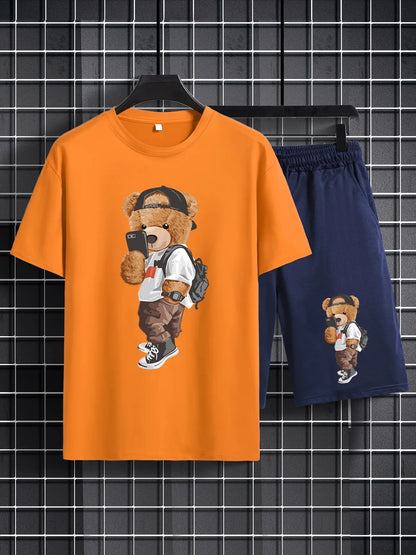 Mens Summer Shorts + T-Shirt Set - TTMSS10 - Orange Navy Blue