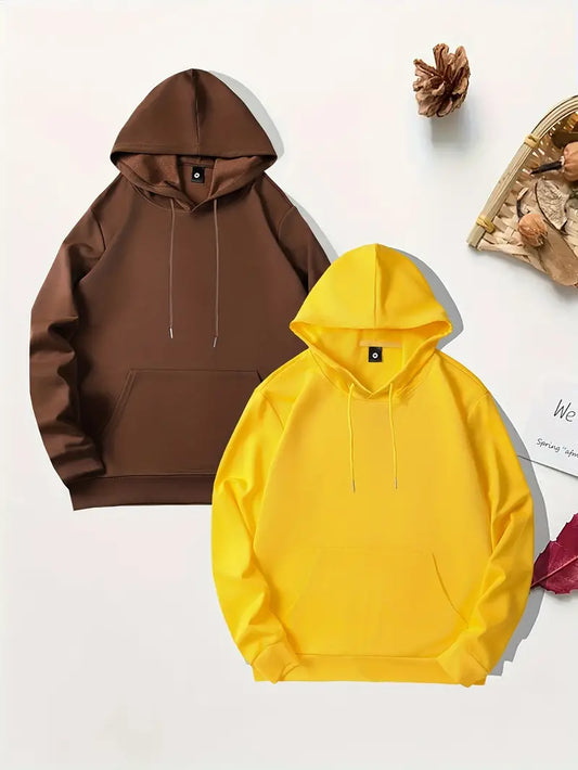 Mens 2 Plain Kangaroo Hoodie Bundle TTP2KH6 - Brown Yellow