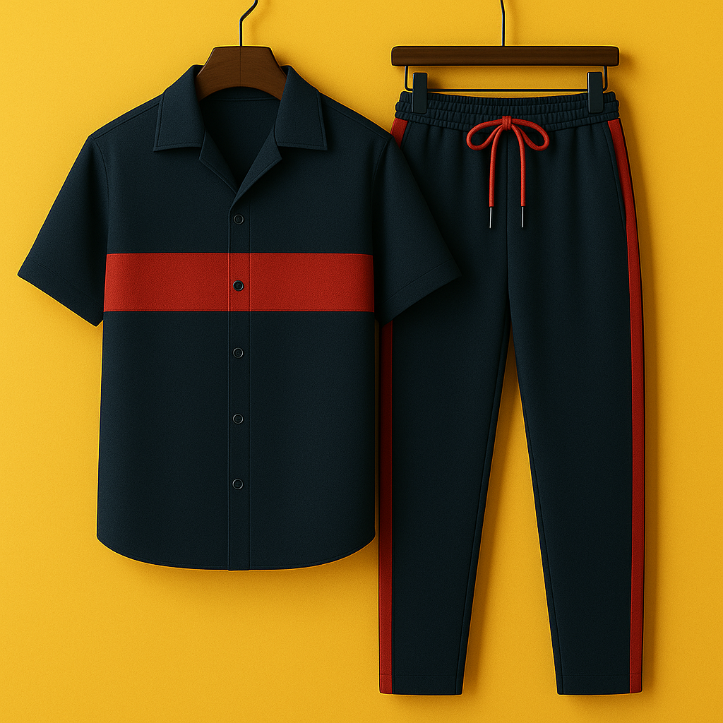 Mens Viscose Pants + Shirt Set - TTVMS27 - Maroon Navy Blue