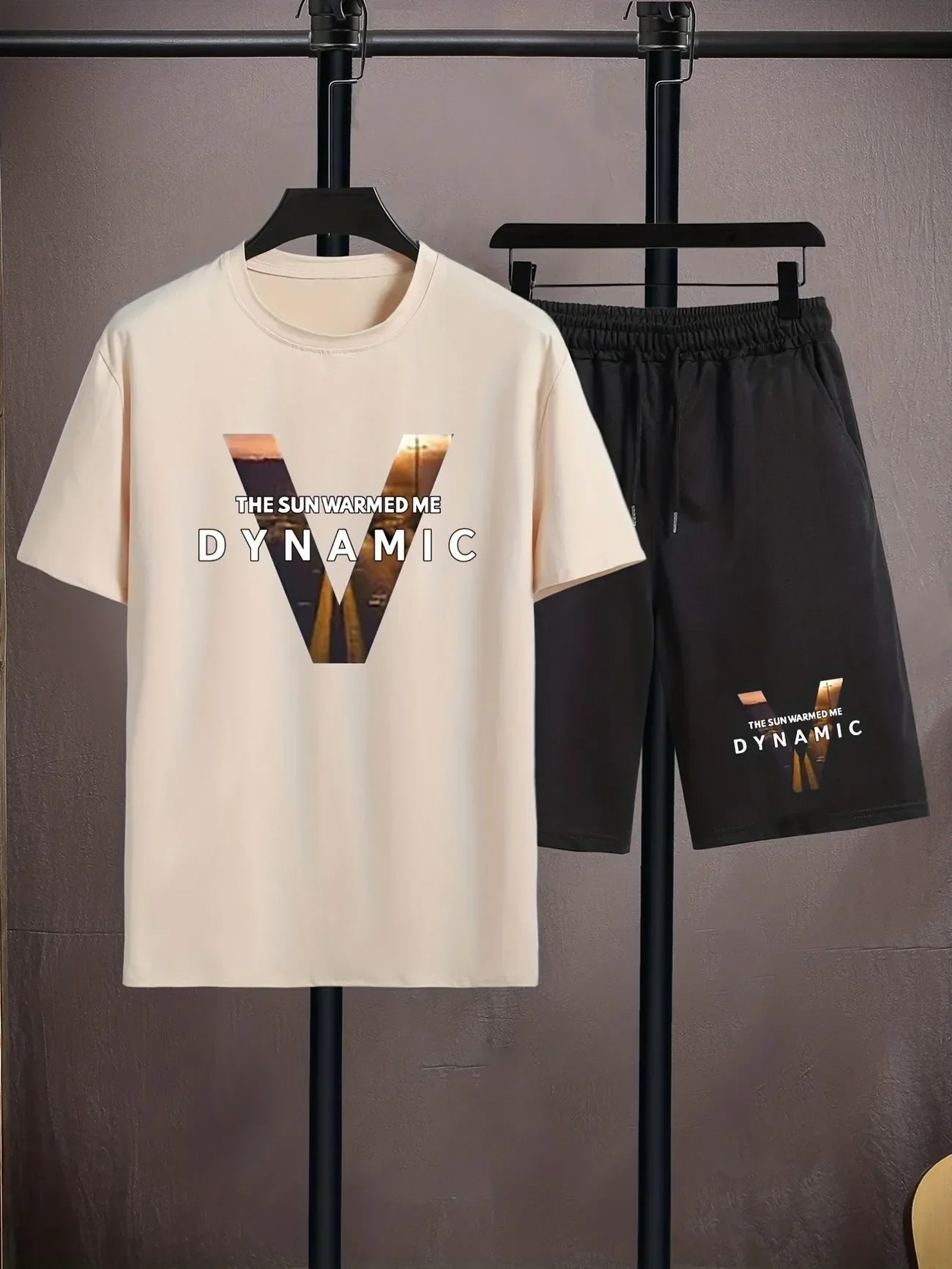 Mens Summer Shorts + T-Shirt Set - TTMSS162 - Cream Black