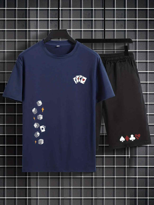 Mens Summer Shorts + T-Shirt Set - TTMSS149 - Navy Blue Black