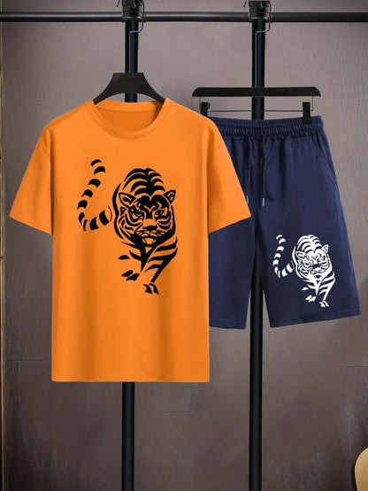 Mens Summer Shorts + T-Shirt Set - TTMSS163 - Orange Navy Blue