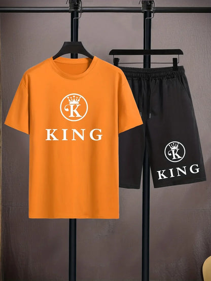 Mens Summer Shorts + T-Shirt Set - TTMSS161 - Orange Black