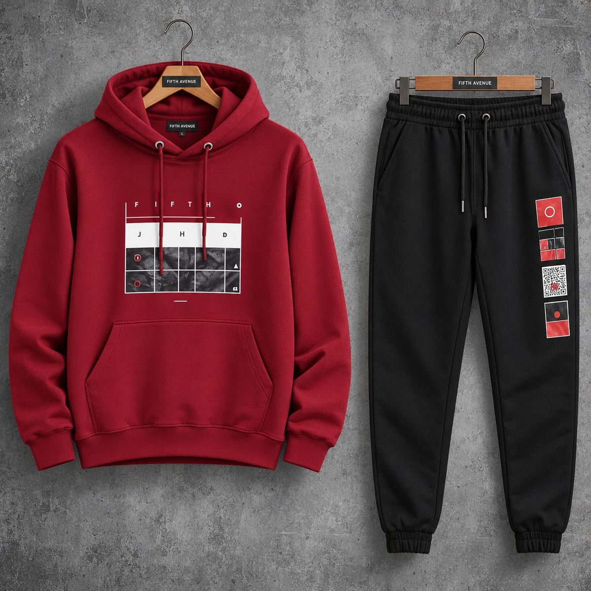Fifth Avenue Printed Hoodie and Pants Set FAMHOOPRPS7 - Maroon  Black