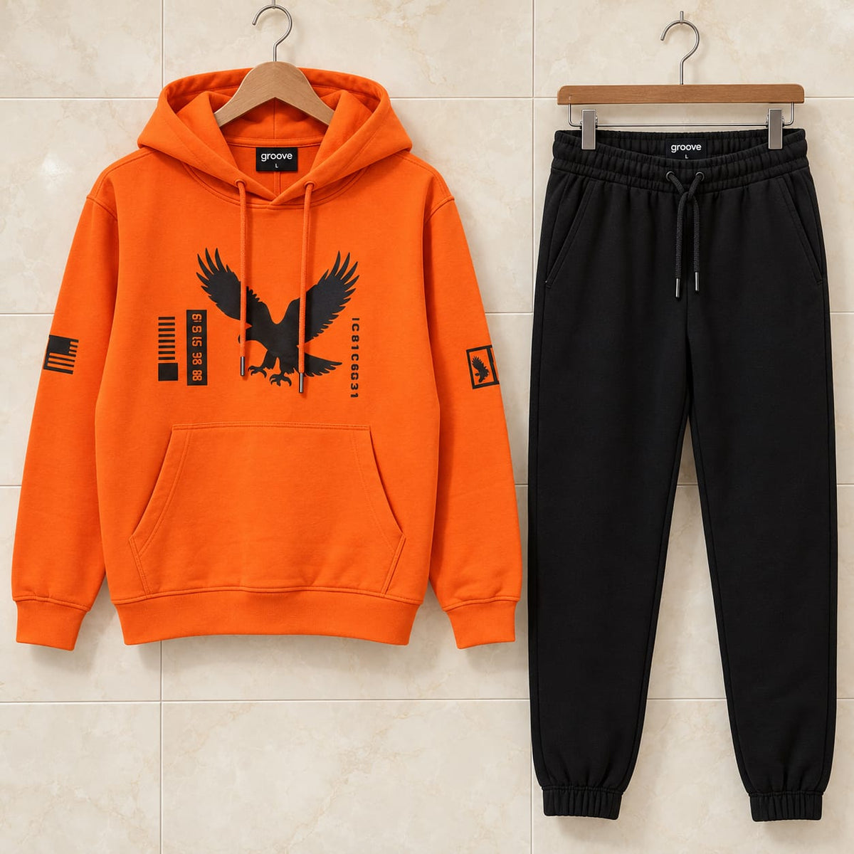Kangaroo Hoodie and Pants Printed Set - GRUMKANPHS21 - Orange Black