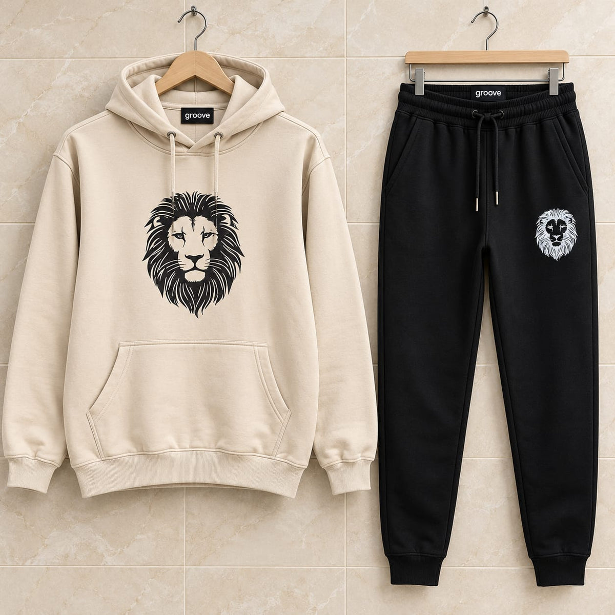 Kangaroo Hoodie and Pants Printed Set - GRUMKANPHS22 - Cream Black