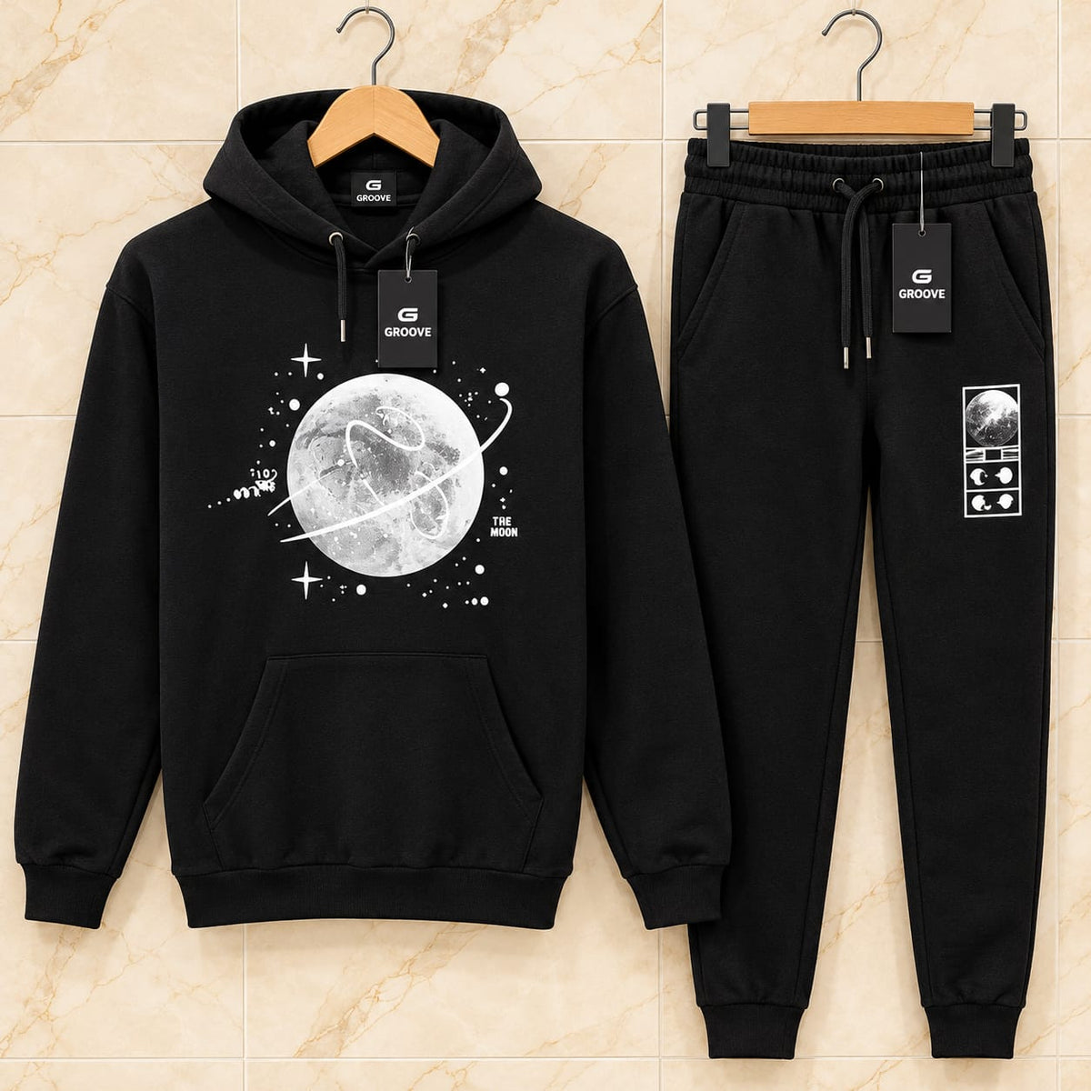 Kangaroo Hoodie and Pants Printed Set - GRUMKANPHS30 - Black Black
