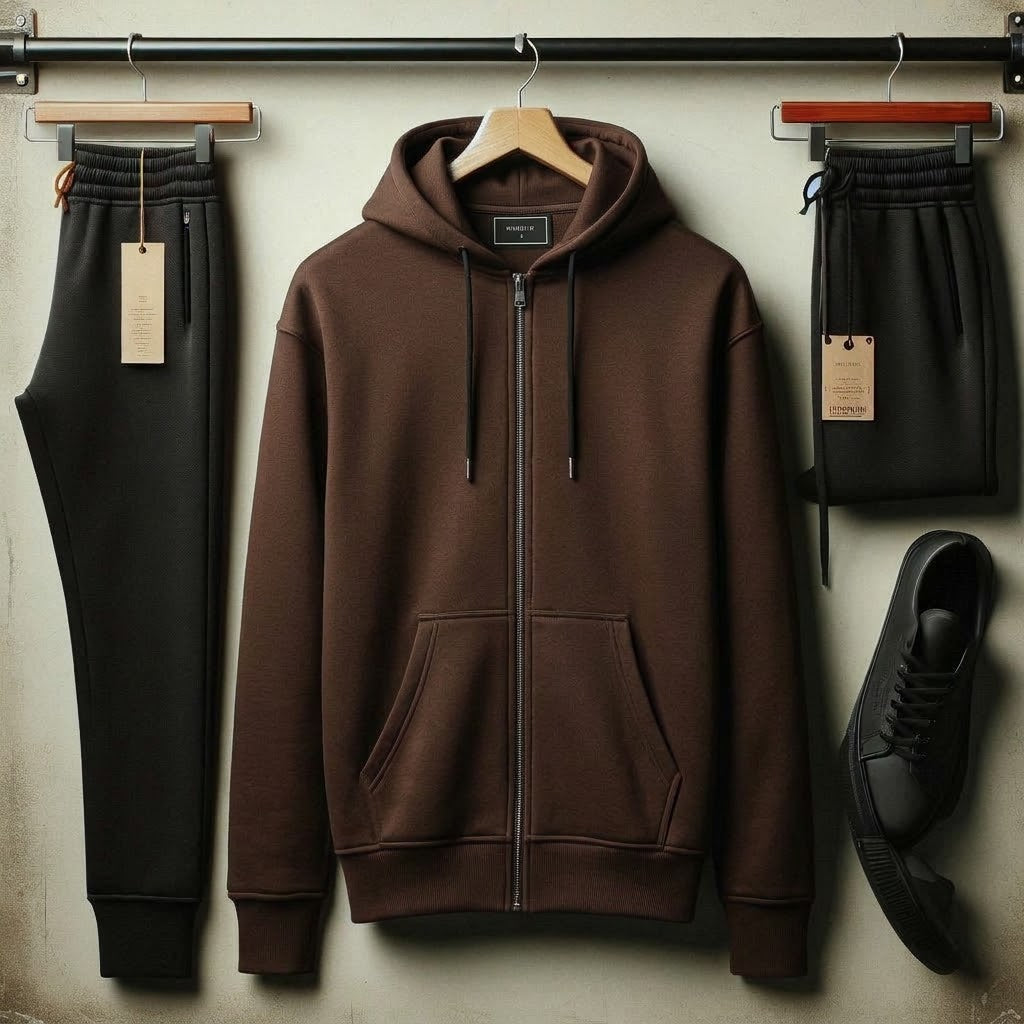 Mens Plain Zip Hoodie and Pants Set by Tee Tall - MPZIPHPSET1 - Brown Black