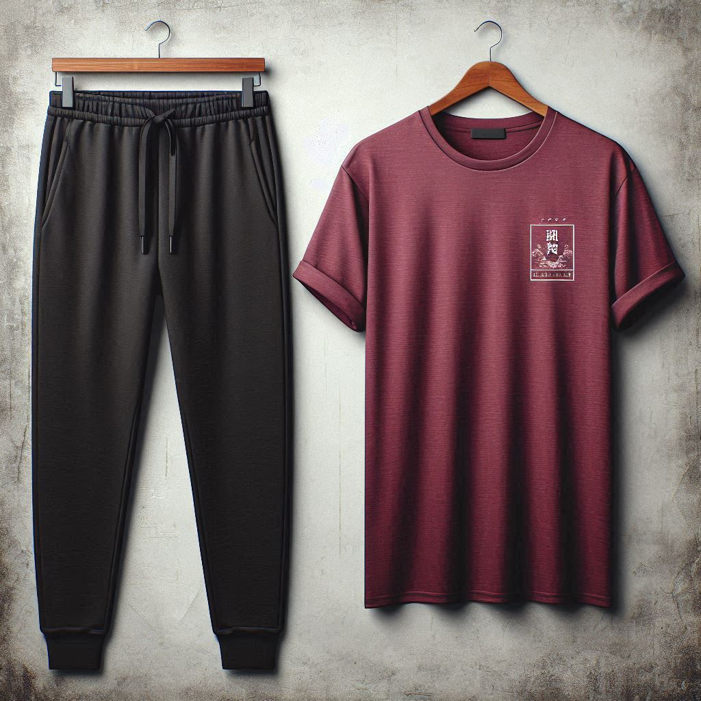 Mens Pants + T-Shirt Printed Set by Tee Tall - TTMPTZS37 - Maroon Black