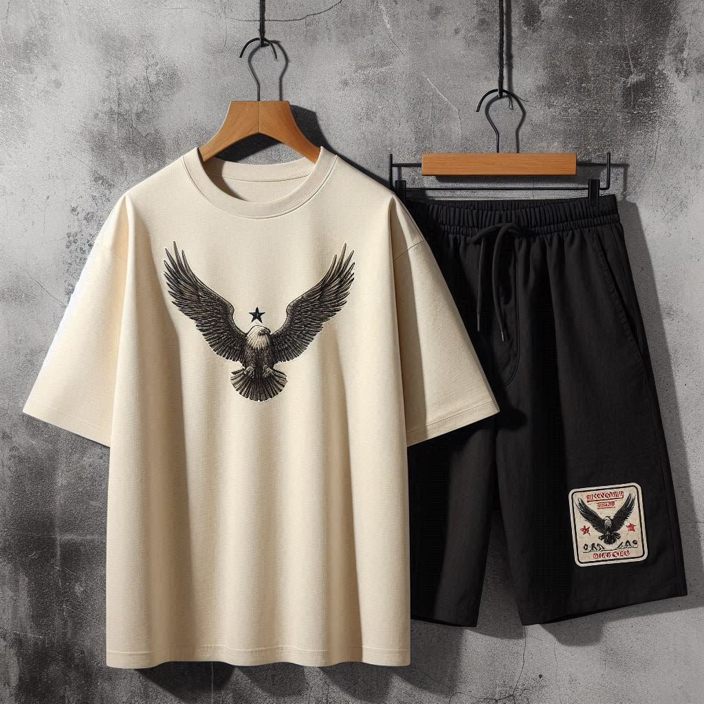 Mens Summer Shorts + T-Shirt Set - TTMSS225 - Cream Black