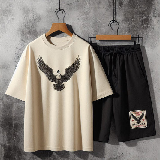 Mens Summer Shorts + T-Shirt Set - TTMSS225 - Cream Black