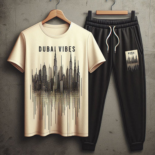 Mens Pants + T-Shirt Printed Set by Tee Tall - TTMPTZS60 - Cream Black