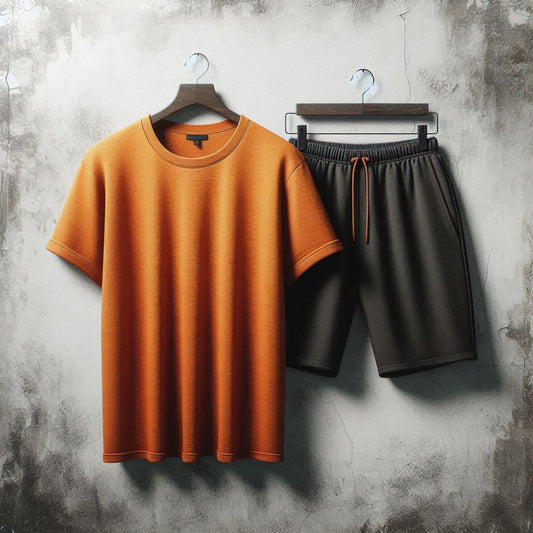 Mens Summer Shorts + T-Shirt Set - TTMLTSH1 - Orange Black