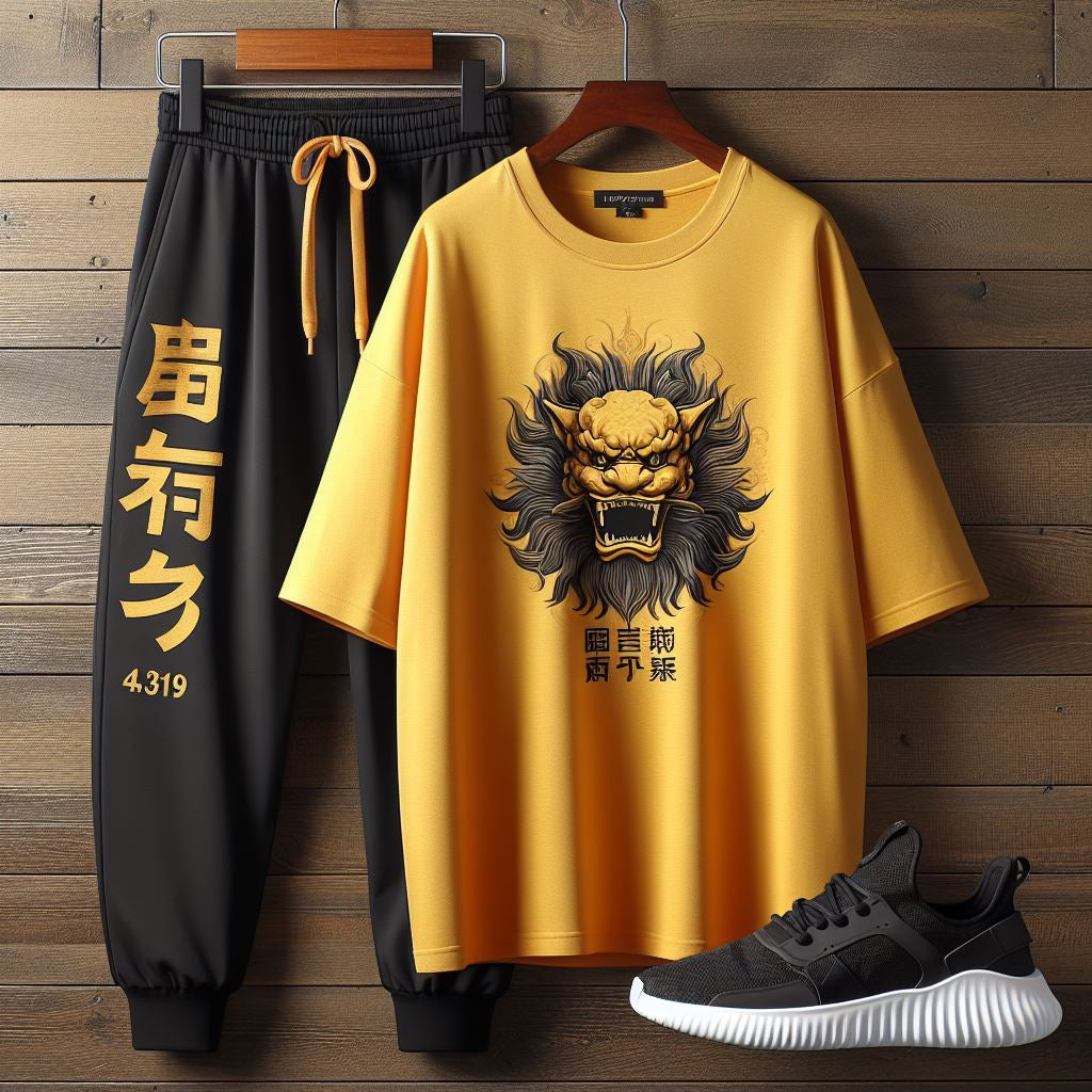 Mens Pants + Drop Shoulder T-Shirt Printed Set by Tee Tall - TTMPTZS10 - Yellow Black