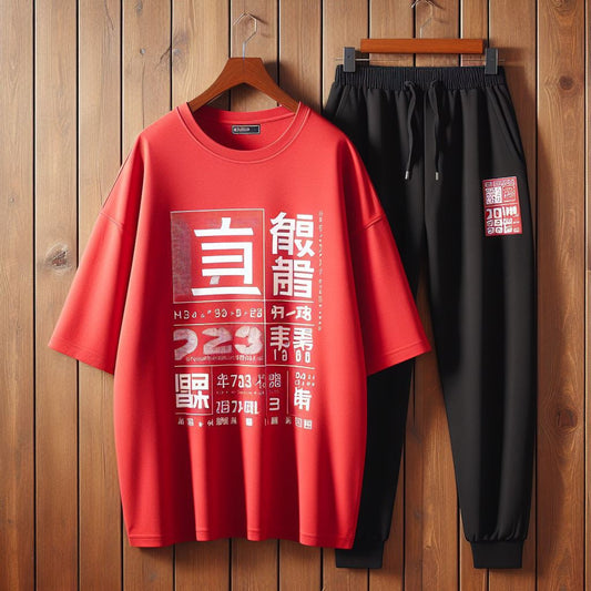 Mens Pants + Drop Shoulder T-Shirt Printed Set by Tee Tall - TTMPTZS5 - Red Black