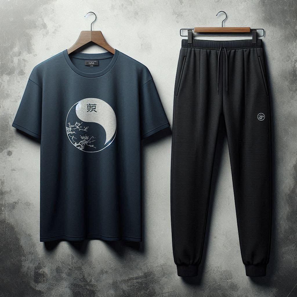 Mens Pants + T-Shirt Printed Set by Tee Tall - TTMPTZS31 - Navy Blue Black