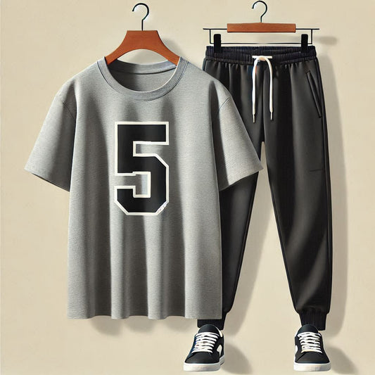 Mens Pants + T-Shirt Printed Set by Tee Tall - TTMPTZS27 - Grey Black