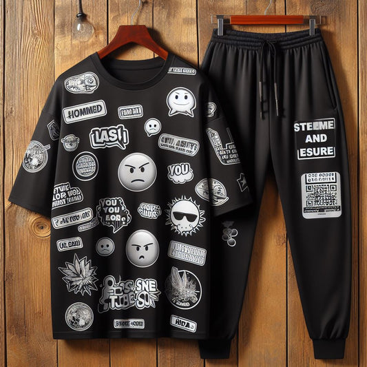 Mens Pants + T-Shirt Printed Set by Tee Tall - TTMPTZS1 - Black Black