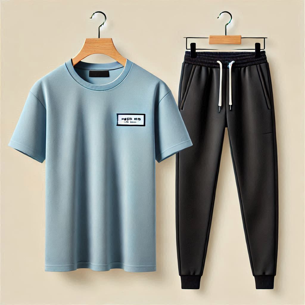 Mens Pants + T-Shirt Printed Set by Tee Tall - TTMPTZS28 - Light Blue Black