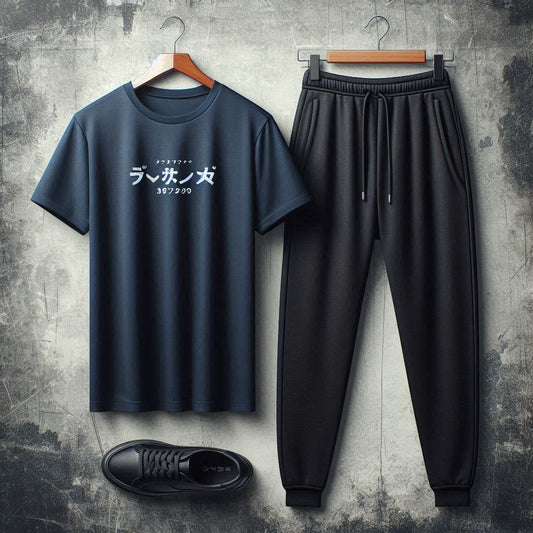 Mens Pants + T-Shirt Printed Set by Tee Tall - TTMPTZS30 - Navy Blue Black