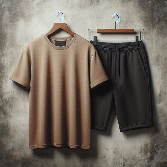 Mens Summer Shorts + T-Shirt Set - TTMLTSH1 - Light Brown Black