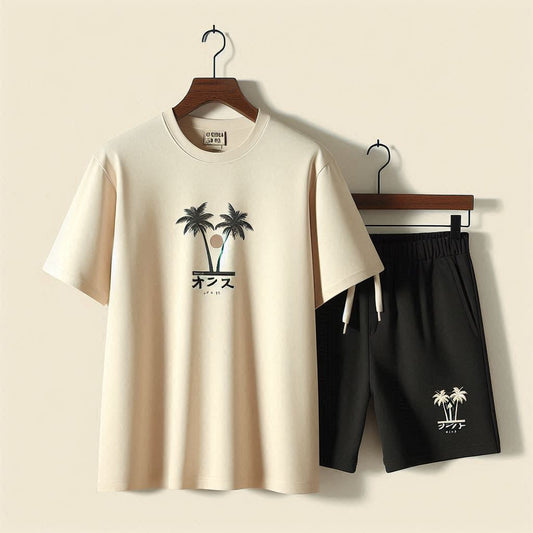 Printed T-Shirt and Shorts Set - PSPRTSSH2 - Cream Black